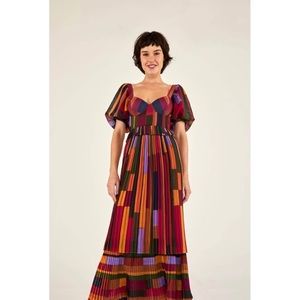Farm Rio
Painted Stripes Blouson-Sleeve Pleated Dress